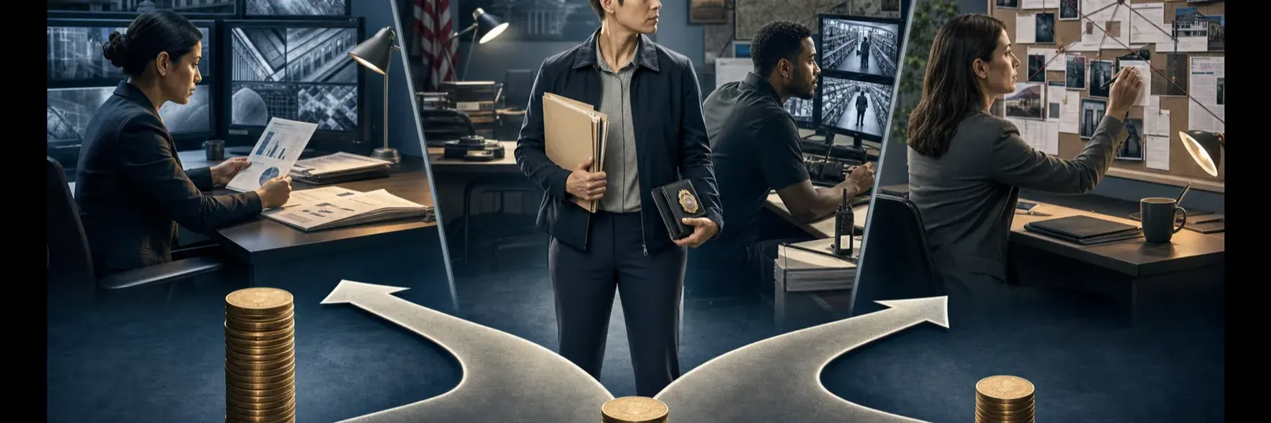 Special agent comparing career paths in bank, retail, and corporate investigations with different pay levels.