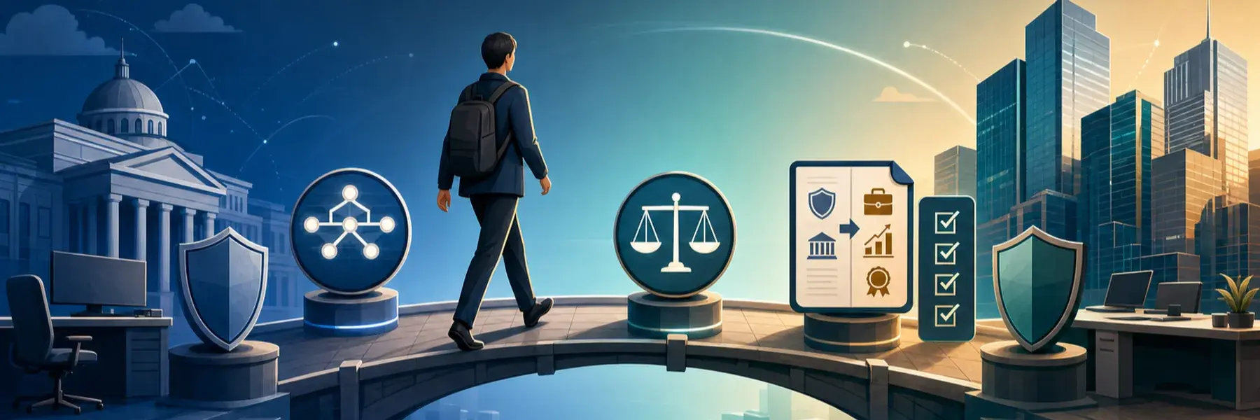 Cybersecurity professional crossing from a federal security workstation to a private-sector office through role, résumé, tradeoff, and ethics checkpoints.