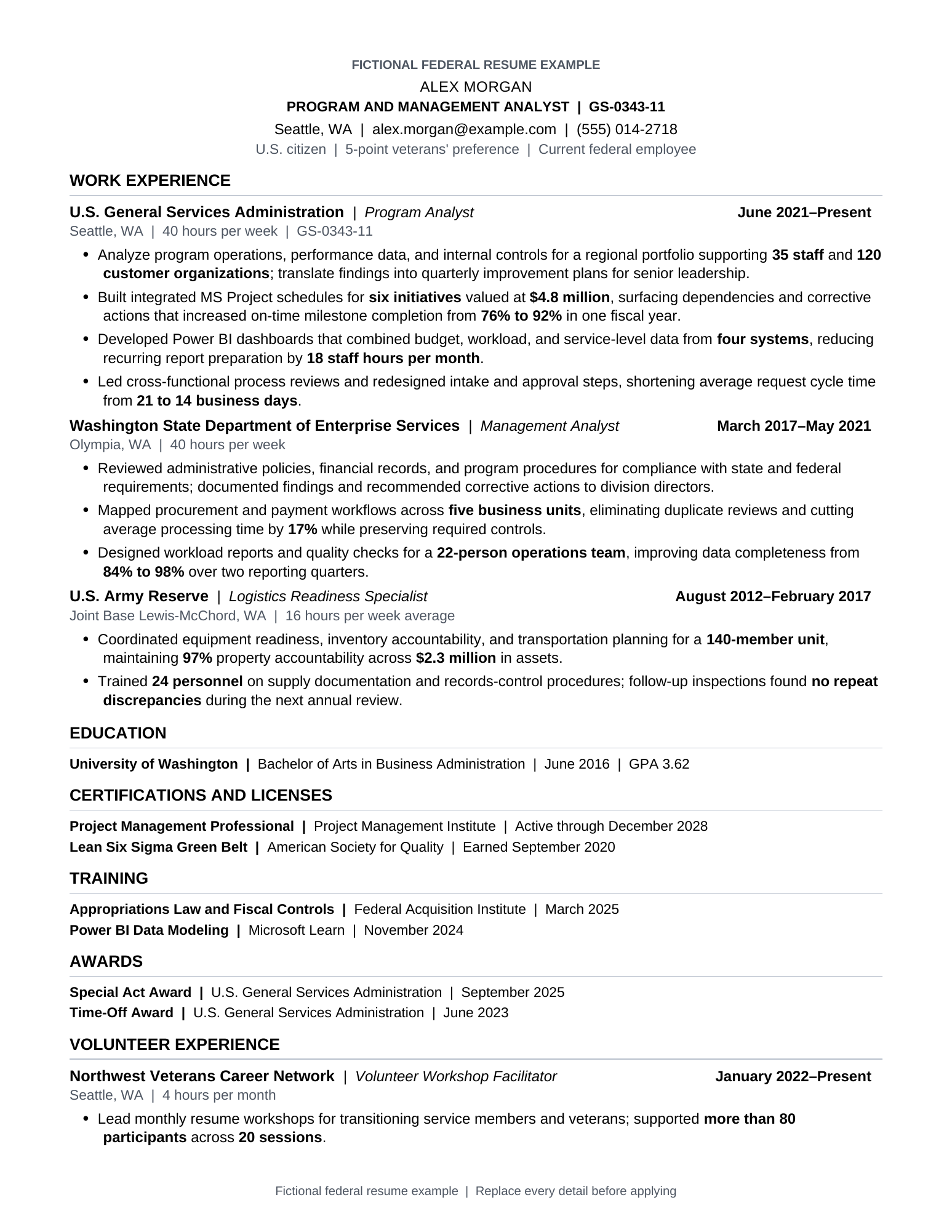 Preview of a fictional federal resume for Alex Morgan showing contact information, work experience, education, certifications, training, awards, and volunteer experience