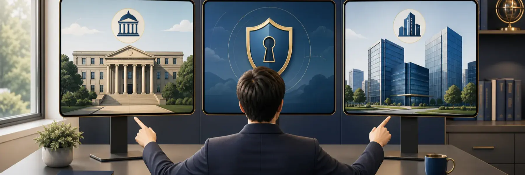 Federal employee comparing government, cleared-work, and private-sector job boards on three screens.